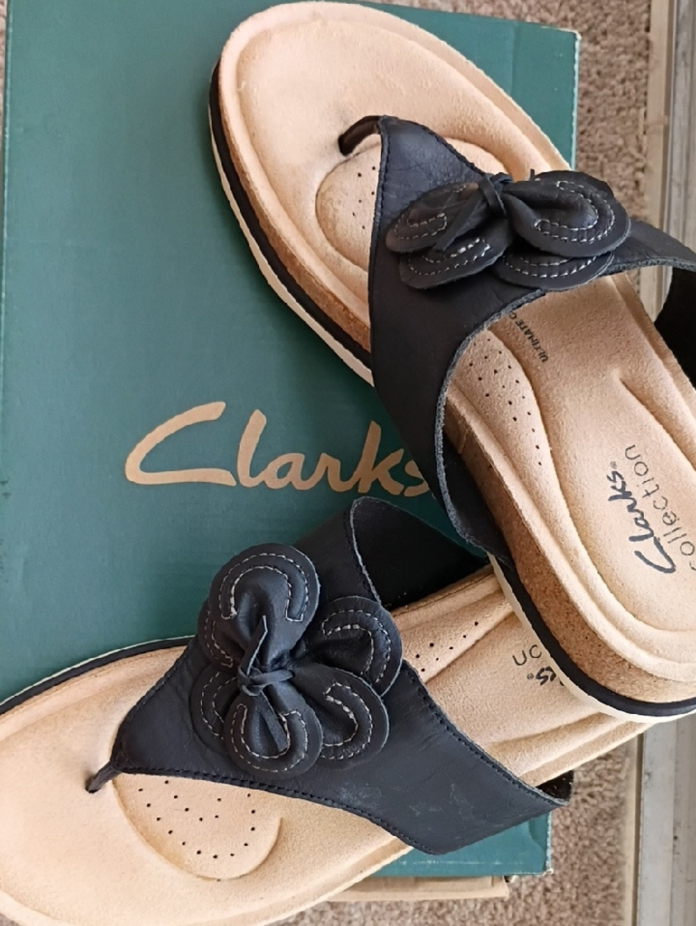 Clarks Black Floral Thong Sandals with Cushioned Footbed